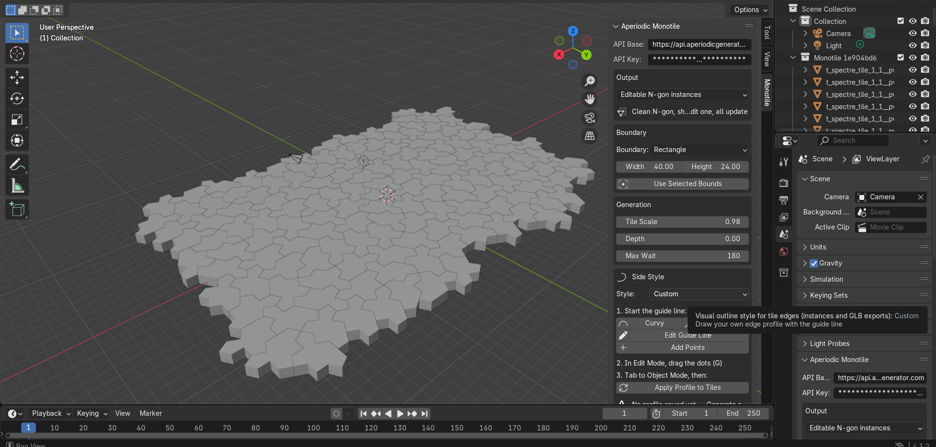 Blender viewport showing an aperiodic monotile patch with the Monotile add-on panel open, including boundary, generation, and custom edge style controls.