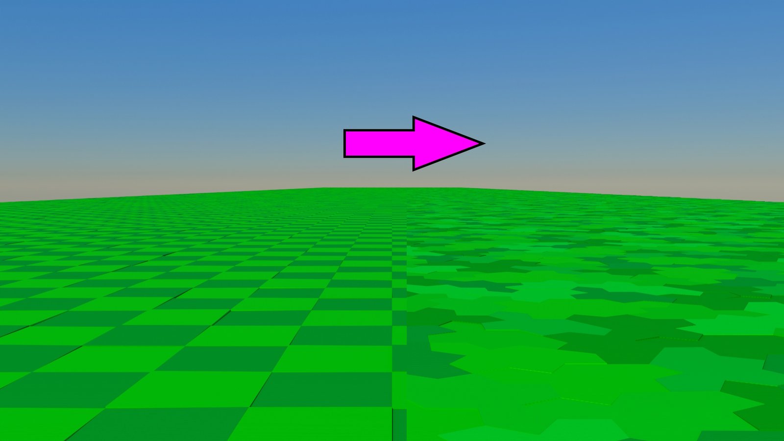 Dense checker-like landscape with strong sampling and aliasing artifacts