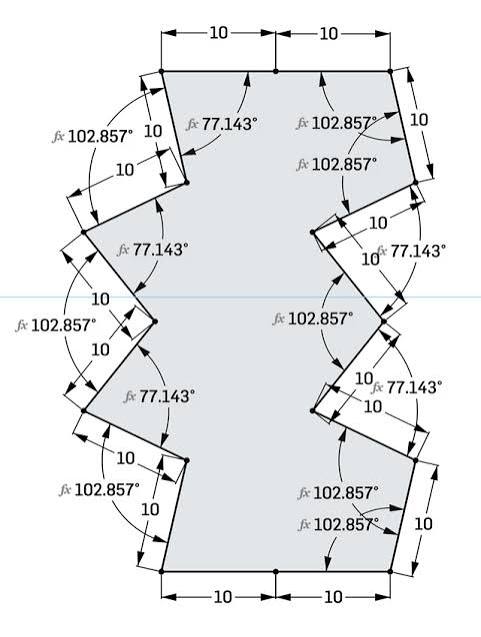 Miki Imura Modulo Krinkle monotile: equilateral polygon with zig-zag sides and labeled angles