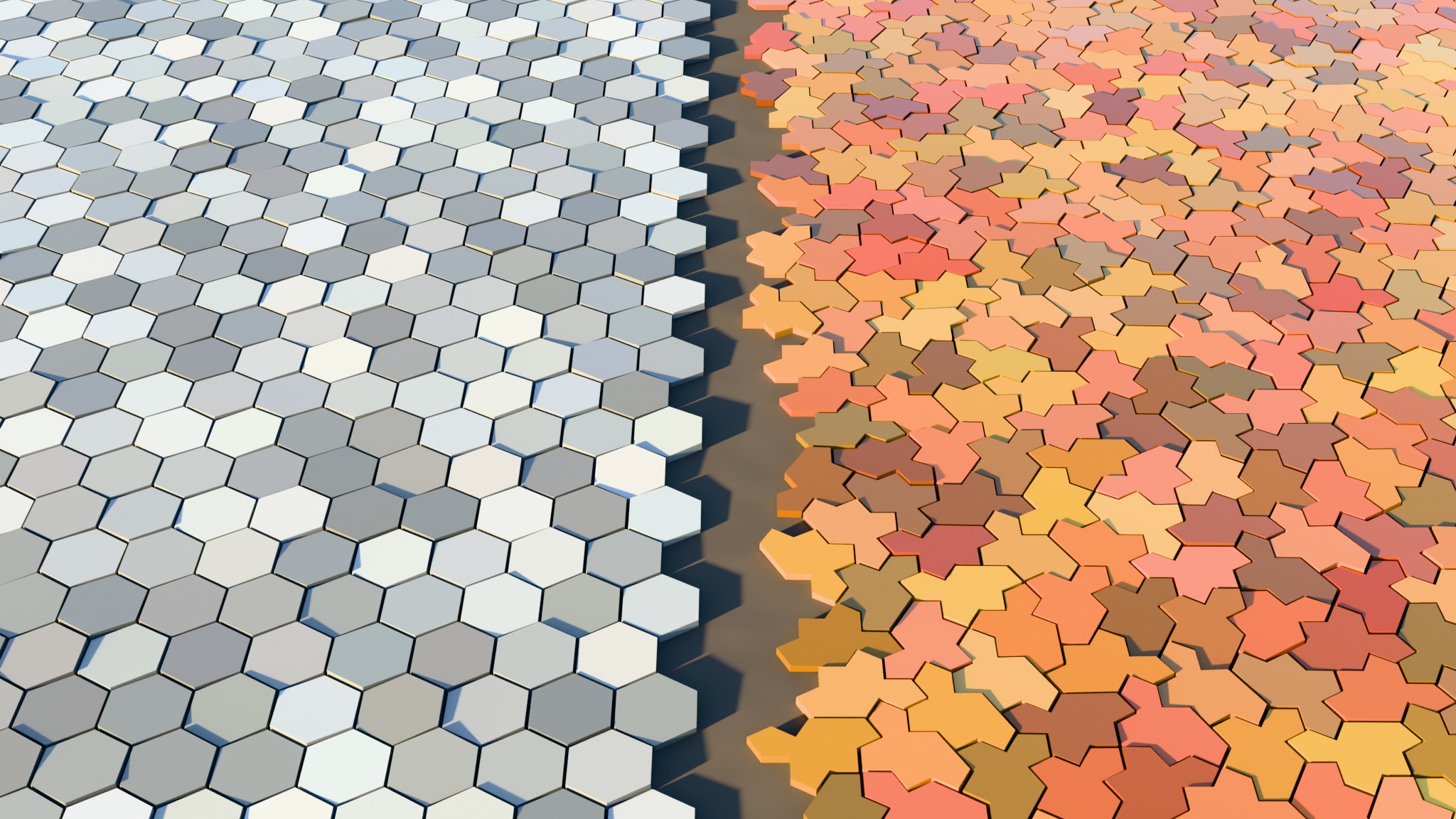 Split render: periodic hexagon floor on the left, aperiodic Spectre tile floor on the right, same glazed ceramic material