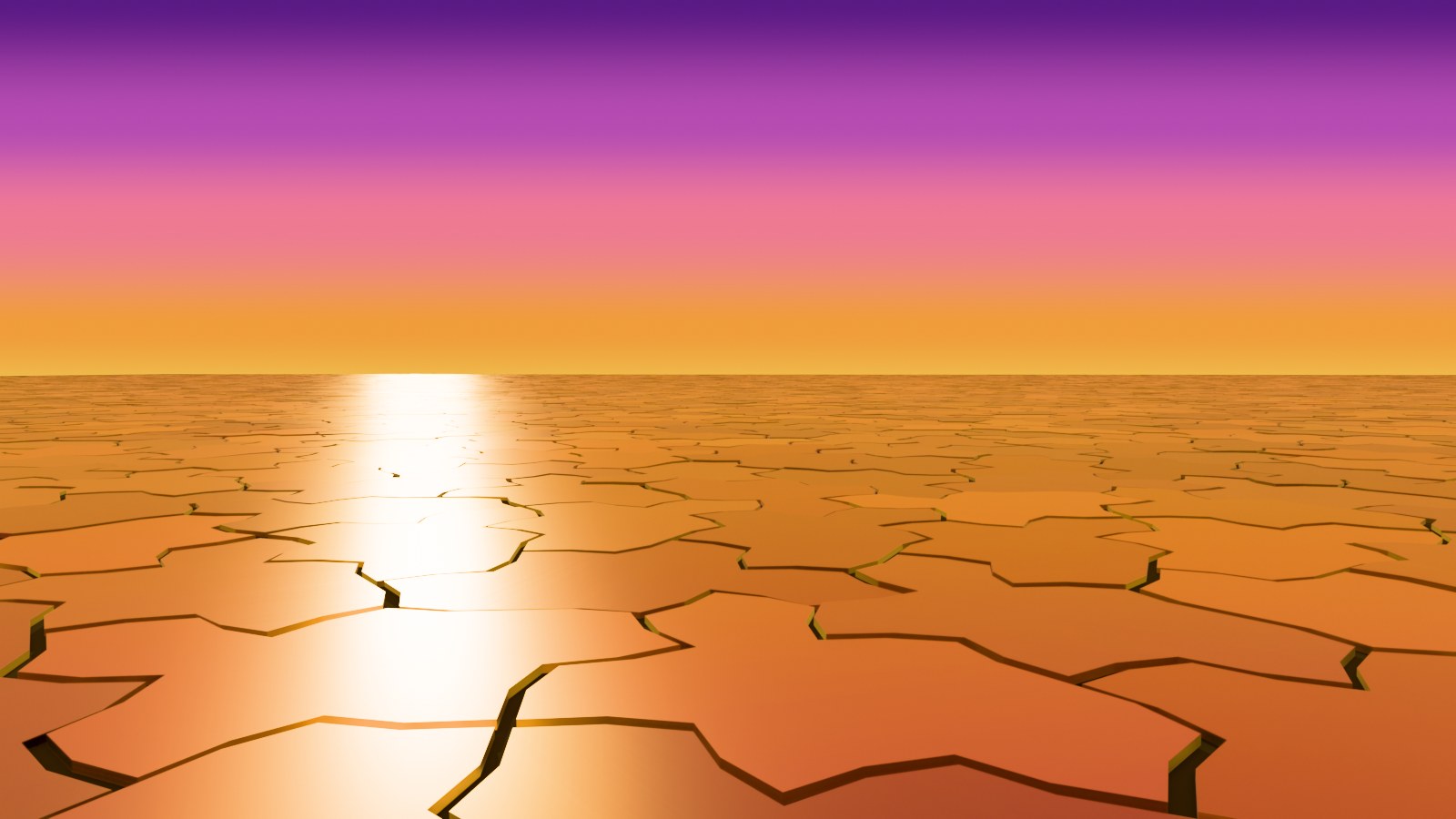 Eye-height view over an aperiodic monotile ground plane stretching to a sunset horizon